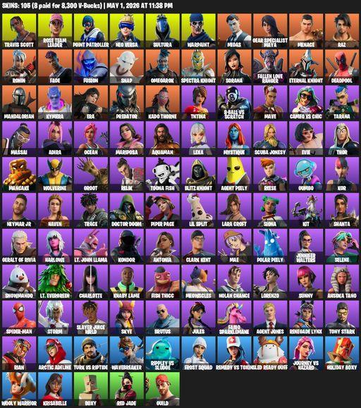 [PC/XBOX] | 105 skins | OG STW | Travis Scott | Lara Croft | Rose Team Leader | Point Patroller | Neo Versa | Sultura | Warpaint | Midas | Full Access